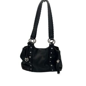 Brighton Vagabond Black Leather Shoulder Bag Heart Charms Silver Designer Lux